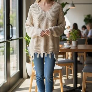 Altar'd State Cream V-Neck Frayed Sweater
